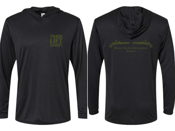 Make Dueling Legal Again (Black) DriFit UV Performance Hooded Long Sleeve Training Shirt - Men’s & Women’s